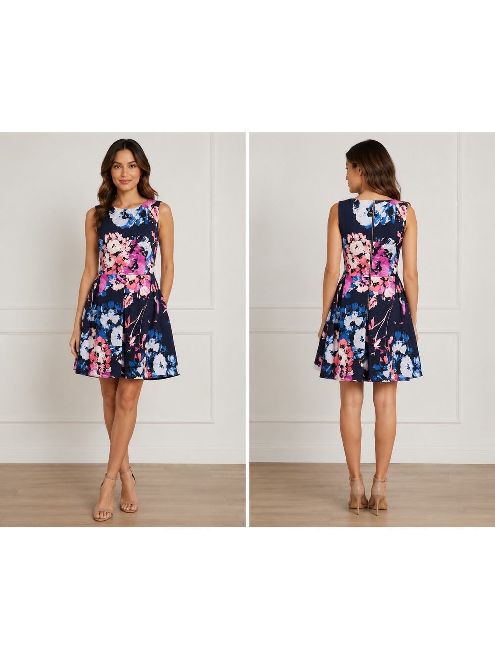 Elegant Navy Blue Floral Fit & Flare Floral Print Sleeveless Midi Dress SZ 18